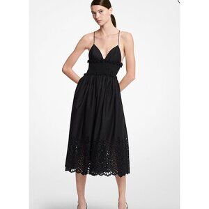 Michael Kors Collection Eyelet Cotton Poplin Smocked Dress Black Size 8